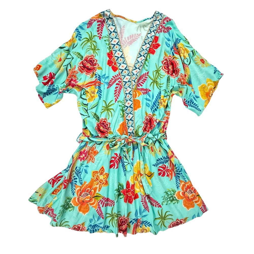 Cupshe Women Aqua Tropical Floral V-Neck Romper Short Sleeve Medium Tie Belt